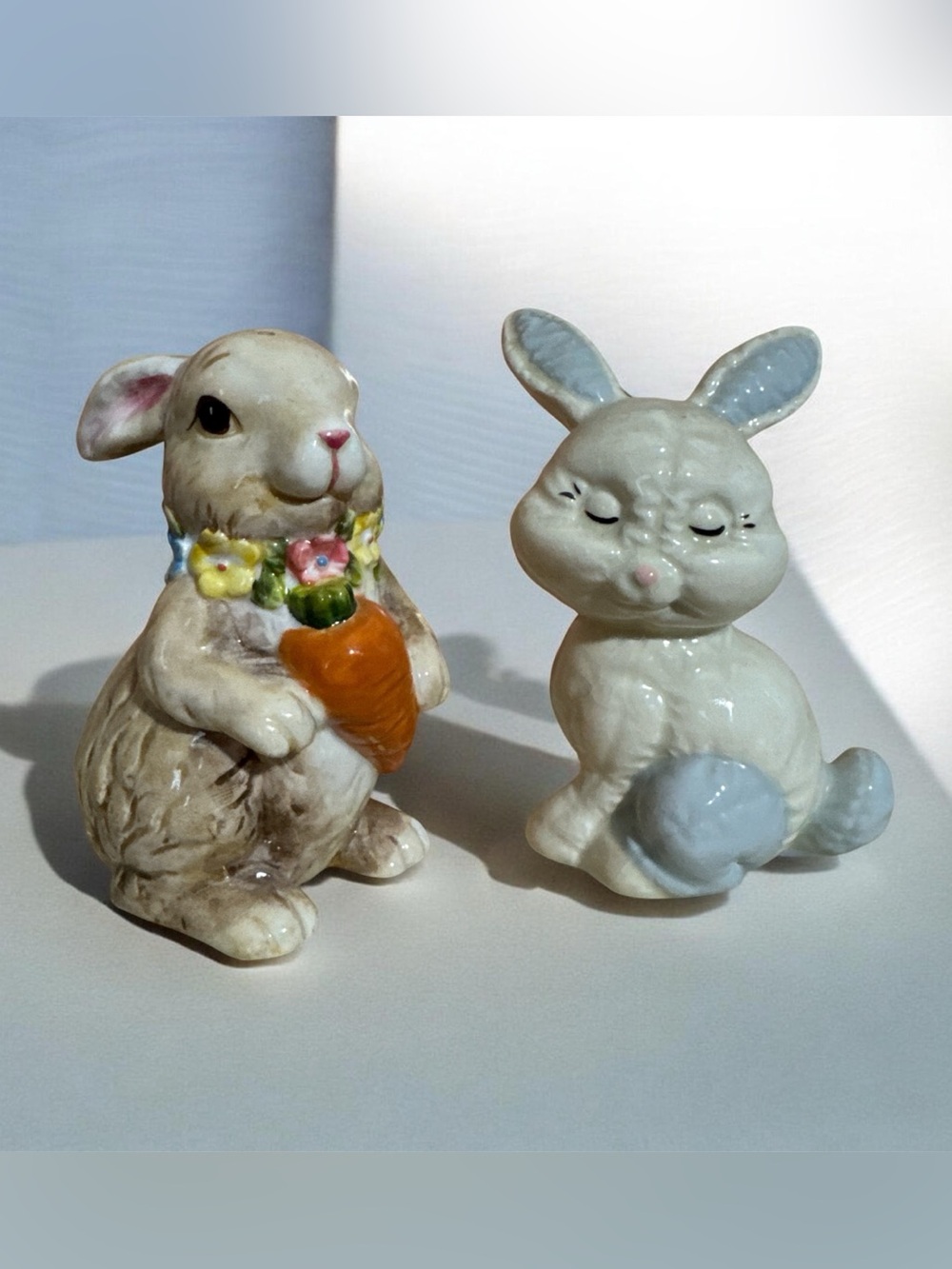 Ceramic Bunny Figurines. Blue White and Beige Decorative Rabbits